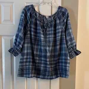 Blue Plaid Peasant Top